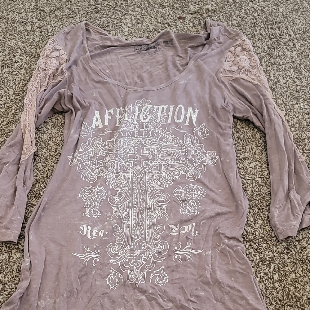 Affliction Women's Taupe Long Sleeve Top with Lace Accents